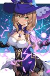  1girl amethyst_(gemstone) asato_(fadeless) belt blonde_hair breasts cleavage commentary_request cowboy_shot dress flower genshin_impact gloves green_eyes hair_flower hair_ornament hair_over_shoulder hat highres lisa_(genshin_impact) long_hair magic smile solo witch_hat 