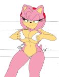  amy_rose anthro big_breasts bikini blush breasts clothed clothing eulipotyphlan female fur green_eyes hair hand_on_breast hedgehog hi_res mammal micro_bikini navel pink_body skimpy solo sonic_the_hedgehog_(series) superbunnygt swimwear unknown_year video_games wardrobe_malfunction 