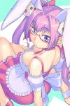  1girl ahoge animal_ears apron arm_support ass bare_shoulders breasts bunny_ears choker cleavage collarbone covered_nipples di_gi_charat dice_hair_ornament downblouse dress eyebrows_visible_through_hair frills from_above from_behind glasses hair_intakes hair_ornament hair_ribbon katou_ryouichi knees_together_feet_apart large_breasts long_hair looking_at_viewer looking_back looking_up low_neckline nose parted_hair pink-framed_eyewear purple_eyes purple_hair pursed_lips ribbon ribbon_choker semi-rimless_eyewear shoulder_blades sitting skirt solo tsurime twintails underbust usada_hikaru wrist_cuffs 