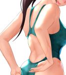  1girl adjusting_clothes adjusting_swimsuit arms_behind_back blush brown_hair competition_swimsuit hand_under_clothes hand_under_swimsuit highleg looking_at_viewer looking_back nose ocha_(greentea-time) one-piece_swimsuit open_mouth original smile solo swimsuit swimwear white_background 