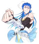  1boy angry belt blue_hair clenched_hand closed_mouth collarbone cu_chulainn_(fate)_(all) cu_chulainn_(fate/grand_order) detached_sleeves earrings fate/grand_order fate_(series) floating_hair foreshortening highres jewelry long_hair looking_at_viewer looking_down male_focus muscle namo red_eyes ring simple_background skin_tight smoke smoking solo spiked_hair tank_top type-moon vambraces 