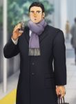  1boy :o bara black_coat black_hair blurry blurry_background breath can coat facial_hair holding holding_can male_focus ohutongoro original purple_scarf red_nose reward_available scarf short_hair sideburns solo stubble winter_clothes 