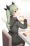  1girl absurdres anchovy_(girls_und_panzer) bangs black_bow bow dated drill_hair eating eyebrows_visible_through_hair fork from_above girls_und_panzer green_hair green_jacket green_pants hair_between_eyes hair_bow happy_birthday highres holding holding_fork jacket long_hair looking_at_viewer looking_back military military_jacket military_uniform open_mouth pants red_eyes shiny shiny_hair sitting solo ssalgolae twin_drills twintails uniform 