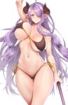  1girl bangs bikini braid breasts closed_mouth collarbone commentary_request draph granblue_fantasy hair_over_one_eye highleg highleg_bikini holding horns large_breasts lips long_hair looking_at_viewer narmaya_(granblue_fantasy) navel pointy_ears polearm purple_hair shiny shiny_hair shiny_skin side-tie_bikini simple_background smile solo stomach swimsuit thighs tied_hair weapon white_background zucchini 