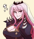  1girl absurdres bangs blunt_bangs breasts cape cleavage english_commentary highres hololive hololive_english large_breasts light_blush looking_to_the_side mori_calliope pink_eyes pink_hair scruffyturtles sidelocks skull smirk solo spikes tiara upper_body v-shaped_eyebrows veil virtual_youtuber yellow_background 