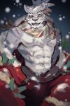  2:3 abs absurd_res blush bulge chest_tuft christmas clothed clothing felid fur hi_res holidays k0bit0wani looking_at_viewer male mammal muscular muscular_male pantherine pecs scar scarf shiro_(world_flipper) snow solo tiger topless tuft whiskers white_body white_fur world_flipper yellow_sclera 