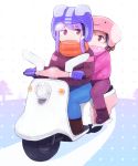  2girls alternate_costume bicycle bicycle_helmet boots brown_coat brown_hair coat commentary gloves ground_vehicle helmet inaba_tewi multiple_girls pants pink_coat purple_gloves purple_hair red_eyes reisen_udongein_inaba riding scarf shirosato touhou winter_clothes 