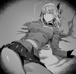  1girl absurdres bangs bed_sheet belt braid braided_ponytail breasts closed_eyes fate/grand_order fate_(series) florence_nightingale_(fate/grand_order) folded_ponytail gloves greyscale highres hxd jacket large_breasts long_hair long_sleeves lying monochrome on_back on_bed pillow skirt sleeping 