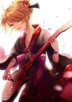  1girl aryuma772 asa_no_ha_(pattern) black_kimono blonde_hair blue_eyes blurry blurry_background blurry_foreground bracelet braid commentary electric_guitar floral_print guitar hair_ornament hair_stick half-closed_eyes highres holding_plectrum instrument japanese_clothes jewelry kagamine_rin kimono lips music open_mouth petals playing_instrument plectrum red_nails sakura_moon_(module) short_hair smile solo sparkle tengaku_(vocaloid) upper_body vocaloid white_background 