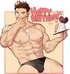  1boy abs bara between_pecs black_male_underwear borrowed_character briefs brown_hair bulge cake food food_on_body food_on_face gondom happy_birthday highres holding holding_food licking_lips looking_at_viewer male_focus muscle navel nipples original pectorals short_hair solo thick_thighs thighs tongue tongue_out underwear underwear_only 