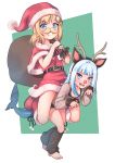  2girls alternate_costume animal_costume animal_ears antlers artist_apprentice bangs bent_over blonde_hair blue_eyes blue_hair capelet carrying christmas claw_pose collarbone commentary eyebrows_visible_through_hair fake_animal_ears fake_antlers fake_facial_hair fake_mustache fish_tail fur-trimmed_headwear fur_trim gawr_gura hair_ornament hat highres holding hololive hololive_english leg_warmers long_hair looking_at_viewer monocle_hair_ornament multiple_girls open_mouth red_footwear red_headwear reindeer_antlers reindeer_costume sack santa_costume santa_hat shark_tail sharp_teeth short_hair smile tail teeth virtual_youtuber watson_amelia 
