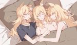  3girls absurdres animal_ears arknights aunt_and_niece bite_mark black_shirt blanket blemishine_(arknights) blonde_hair chinese_commentary closed_eyes clothed_female_nude_female collarbone eyebrows_visible_through_hair gemi_25 hickey highres horse_ears incest long_hair multiple_girls nearl_(arknights) nude open_mouth pillow shirt siblings sisters sleeping tank_top under_covers whislash_(arknights) white_tank_top yuri 