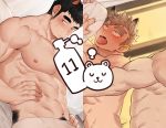  2boys abs animal_ears black_eyes black_hair blush completely_nude dog_boy dog_ears dog_tail forked_eyebrows gondom implied_sex light_brown_hair male_focus male_pubic_hair multiple_boys muscle navel navel_hair nipples nude original pectorals pubic_hair reward_available saliva saliva_trail short_hair sideburns tail thick_eyebrows tongue tongue_out twitching yellow_eyes 
