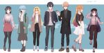  2boys 5girls alice_zuberg arm_up asuna_(stacia) bangs black_coat black_eyes black_hair black_headwear black_jacket black_legwear black_pants black_skirt blonde_hair blue_eyes blue_hair blush border braid brown_coat brown_eyes brown_footwear brown_hair closed_mouth coat collared_shirt copyright_name eugeo french_braid frown full_body green_coat green_eyes grey_background grey_legwear grey_sweater hair_between_eyes hair_intakes hand_in_pocket hat headband highres hood hooded_sweater jacket kirigaya_suguha kirito long_hair long_skirt long_sleeves looking_at_viewer mary_janes miniskirt multiple_boys multiple_girls open_clothes open_coat open_jacket outside_border pants pantyhose pink_footwear pink_legwear pink_skirt ponytail profile pumps purple_hair red_headband ribbed_sweater rimless_eyewear round_eyewear shiny shiny_hair shirt shoes short_hair short_hair_with_long_locks shugaa_(pixiv37615254) sinon_(solus) skirt sneakers socks standing straight_hair striped striped_sweater suspenders sweater sword_art_online turtleneck turtleneck_sweater twitter_username very_long_hair white_border white_shirt white_sweater wing_collar yuuki_(sao) 