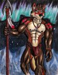  anthro aurora_borealis bottomwear bulge canid canine canis chalk_pastel clothing cold loincloth male mammal markings melee_weapon mountain muscular muscular_anthro muscular_male northern polearm scar silverferak solo spear tattoo torik traditional_media_(artwork) tribal weapon wolf 