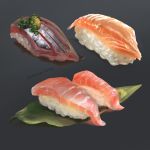  artist_name celestial_fang commentary english_commentary fish food gradient gradient_background grey_background highres jpeg_artifacts leaf making-of_available meat original rice shiny simple_background spring_onion still_life sushi watermark 