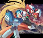  2boys android arm_cannon blonde_hair blue_eyes capcom green_eyes helmet highres iroyopon letterboxed long_hair male_focus multiple_boys open_mouth outside_border robot rockman rockman_x serious weapon x_(rockman) 