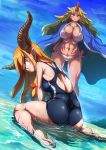  2girls abs ass bangs bare_shoulders bikini blonde_hair blue_sky blue_swimsuit blush bow breasts cleavage closed_mouth collarbone commentary_request competition_school_swimsuit competition_swimsuit cuffs day enajii eyebrows_visible_through_hair from_behind hair_bow hand_on_hip highres horns hoshiguma_yuugi ibuki_suika large_breasts legs_apart long_hair looking_at_viewer looking_back medium_breasts midriff multiple_girls navel o-ring o-ring_bikini o-ring_bottom o-ring_top ocean one-piece_swimsuit oni open_mouth outdoors red_bow school_swimsuit shackles shoulder_blades single_horn sitting sky smile standing swimsuit thighs toned touhou very_long_hair wariza water wet white_bikini yellow_eyes 