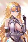 1girl armor armored_dress bangs blonde_hair blue_eyes blush breast_curtains breasts chain closed_mouth dress fate/apocrypha fate/grand_order fate_(series) fur_trim gauntlets headpiece helloimtea highres jeanne_d&#039;arc_(fate) jeanne_d&#039;arc_(fate)_(all) large_breasts long_braid long_hair looking_at_viewer plackart very_long_hair white_dress 