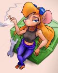  anthro barefoot blonde_hair blue_eyes chip_&#039;n_dale_rescue_rangers cigarette combobomb disney eyewear eyewear_on_head female gadget_hackwrench goggles goggles_on_head hair hi_res leaning leaning_back long_hair mammal midriff mouse murid murine rodent smoking solo tools wrench 