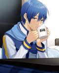  1boy bed blue_eyes blue_hair blue_nails blue_scarf character_name coat commentary cup drinking highres holding holding_cup indoors kaito looking_at_viewer male_focus mug nail_polish nokuhashi scarf sitting smile table upper_body vocaloid white_coat window 