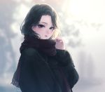  1girl black_eyes black_hair black_nails blurry blurry_background closed_mouth cold fingernails fur_trim highres long_hair looking_at_viewer mole mole_under_eye nail_polish ohagi_(ymnky) original scarf signature sleeves_past_wrists solo winter_clothes 