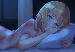  1girl artist_apprentice bangs bare_shoulders blonde_hair blue_eyes blush collarbone commentary covering covering_breasts english_commentary eyebrows_behind_hair hair_behind_ear highres holding holding_pillow hololive hololive_english looking_at_viewer medium_hair pillow smile solo under_covers virtual_youtuber watson_amelia 