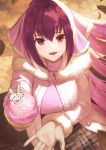  1girl absurdres bangs blush breasts dolce_(dolsuke) fate/grand_order fate_(series) food fur-trimmed_jacket fur_trim hair_between_eyes highres huge_filesize ice_cream ice_cream_cone jacket jewelry large_breasts long_hair long_sleeves looking_at_viewer necklace open_clothes open_jacket open_mouth pendant ponytail purple_hair red_eyes scathach_(fate)_(all) scathach_skadi_(fate/grand_order) smile white_jacket 