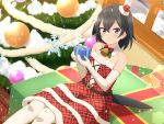  1girl absurdres alternate_costume bangs bare_shoulders black_hair blue_eyes box christmas_ornaments christmas_tree commentary detached_collar dress elbow_gloves fur-trimmed_dress fur_trim gift gift_box gloves greater_lophorina_(kemono_friends) hair_between_eyes hat highres holding holding_gift indoors kemono_friends looking_at_viewer mini_hat mini_santa_hat neck_bell plaid plaid_dress red_dress santa_hat shiraha_maru short_hair smile solo strapless strapless_dress tail tilted_headwear white_gloves window 