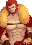  1boy abs bara bare_pecs beard bracer cape collarbone facial_hair fate/grand_order fate/zero fate_(series) fur-trimmed_cape fur_trim iskandar_(fate) looking_at_viewer male_focus male_pubic_hair muscle naked_cape navel nipples nude pectorals pubic_hair red_eyes red_hair short_hair simple_background smile sokimi_(sosojovan) solo stomach white_background 