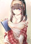  1girl absurdres black_hair blue_eyes blush book bookmark breasts cleavage collarbone commentary_request hair_between_eyes hairband highres holding holding_book idolmaster idolmaster_cinderella_girls jewelry jiaxi_daze large_breasts long_hair looking_at_viewer necklace off-shoulder_shirt off_shoulder plaid_shawl red_shawl ribbed_sweater sagisawa_fumika shirt solo sweater white_sweater 
