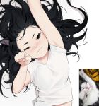  1girl :3 animal_ears armpit_peek black_eyes black_hair blush cat_ears closed_mouth dongho_kang flat_chest highres long_hair looking_at_viewer lying messy_hair on_back one_eye_closed original paw_pose photo-referenced reaching_out real_life shirt short_sleeves smile solo symbol_commentary upper_body white_shirt 