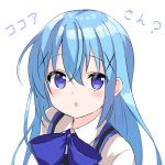  1girl bangs blue_hair blue_neckwear blue_vest character_name chestnut collared_shirt eyebrows_visible_through_hair gochuumon_wa_usagi_desu_ka? hair_between_eyes hair_ornament highres kafuu_chino long_hair looking_at_viewer portrait rabbit_house_uniform shiny shiny_hair shirt simple_background solo tawai vest white_background white_shirt wing_collar x_hair_ornament 