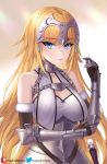  1girl armor armored_dress bangs blonde_hair blue_eyes blush breast_curtains breasts chain cleavage closed_mouth dress fate/apocrypha fate/grand_order fate_(series) fur_trim gauntlets headpiece helloimtea highres jeanne_d&#039;arc_(fate) jeanne_d&#039;arc_(fate)_(all) large_breasts long_braid long_hair looking_at_viewer plackart very_long_hair white_dress 