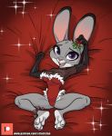  absurd_res anthro armwear bell buckteeth clothing disney elbow_gloves female gloves grabbing_sheets handwear hi_res judy_hopps lagomorph leporid looking_at_viewer mammal mistletoe open_mouth plant rabbit siroc solo sparkles spread_legs spreading teeth zootopia 