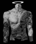  1boy abstract adam&#039;s_apple black_background greyscale halo hatching_(texture) headless highres kudarana10 male_focus monochrome original shirtless simple_background solo 