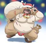  2020 anthro ashigara belly black_nose brown_body brown_fur canid canine canis christmas christmas_clothing christmas_headwear clothing cute_fangs domestic_dog fur hat headgear headwear hi_res holidays hon55728 humanoid_hands kemono male mammal moobs navel nipples one_eye_closed overweight overweight_anthro overweight_male plushie santa_hat scar solo tokyo_afterschool_summoners video_games wink yasuyori 