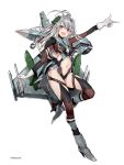  1girl ahoge aircraft airplane airplane_wing blonde_hair blush breasts eurofighter_typhoon fighter_jet gloves grey_hair high_heels highres i.takashi iron_cross jet landing_gear looking_back mecha_musume medium_breasts midriff_cutout military military_vehicle missile multicolored_hair navel original personification pointing solo streaked_hair thighhighs white_background white_gloves 