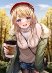  1girl :d autumn_leaves bag beret black_legwear blonde_hair blue_shorts blush coffee_cup commentary_request cup day disposable_cup fur-trimmed_jacket fur_trim green_jacket hat holding holding_cup jacket leaning_forward legwear_under_shorts long_hair looking_at_viewer off_shoulder open_clothes open_jacket open_mouth original outdoors pantyhose purple_eyes red_headwear sakura_hiyori short_shorts shorts shoulder_bag sleeveless sleeveless_sweater sleeveless_turtleneck smile solo sweater tree turtleneck turtleneck_sweater upper_teeth white_sweater 