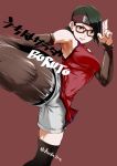  1girl black_hair blush boruto:_naruto_next_generations boruto:_naruto_the_movie breasts brown_background brown_eyes brown_legwear brown_sleeves commentary_request covered_navel detached_sleeves fighting_stance fingernails forehead_protector glasses high_kick highres incoming_attack kicking koda1ra konohagakure_symbol lips medium_breasts motion_blur naruto_(series) parted_lips red-framed_eyewear shorts solo thighhighs toned uchiha_sarada upper_teeth white_shorts 