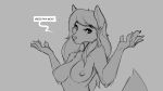  16:9 anthro big_breasts breasts canid canine canis dialogue female grey_background hair looking_at_viewer mammal monochrome simple_background solo speech_bubble talking_to_viewer watsup widescreen wolf 