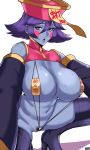  1girl alecto_0 blue_hair blue_skin blush_stickers boots breasts cleavage cleft_of_venus colored_skin covered_nipples detached_sleeves hat high_heel_boots high_heels highres huge_breasts jiangshi lei_lei ofuda open_mouth pubic_hair pubic_hair_peek short_hair slingshot_swimsuit sweat swimsuit thigh_boots thighhighs vampire_(game) wedgie 