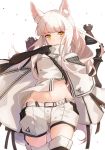  1girl animal_ear_fluff animal_ears arknights bangs black_gloves chess_piece commentary_request gloves highres jacket long_hair midriff navel platinum_(arknights) queen_(chess) rook_(chess) short_shorts shorts silver_hair solo stomach taka_(0taka) white_background white_jacket white_shorts yellow_eyes 