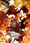  1girl :d backpack bag bomb boots brown_footwear brown_hair dress edoya_inuhachi explosion fire genshin_impact gloves hat highres klee_(genshin_impact) open_mouth red_eyes smile solo 