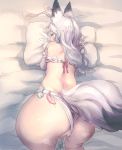  1girl after_sex animal_ear_fluff animal_ears anus anus_peek ass back bed_sheet bee_(deadflow) blush breath bunny_ears censored clothing_aside condom condom_belt condom_left_inside cum cumdrip elbow_gloves eyebrows_visible_through_hair fake_animal_ears fox_ears fox_girl fox_tail frilled_gloves frills gloves highres long_hair mosaic_censoring original overflow pillow pink_ribbon ribbon solo stain stained_sheets sweat tail used_condom white_gloves white_hair 