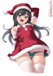  1girl :d aqua_panties asashio_(kantai_collection) black_hair blue_eyes blush cropped_legs ebifurya elbow_gloves eyebrows_visible_through_hair gloves hair_between_eyes hat highres kantai_collection long_hair open_mouth panties pom_pom_(clothes) red_gloves santa_costume santa_hat simple_background smile solo thighhighs twitter_username underwear white_background white_legwear 