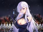  1girl azur_lane bare_shoulders belfast_(azur_lane) belfast_(the_noble_attendant)_(azur_lane) black_bow bow braid breasts chain champagne_flute cleavage cleavage_cutout clothing_cutout criss-cross_halter cup dress drinking_glass elbow_gloves evening_gown french_braid gloves gold gold_chain halter_dress halterneck large_breasts light_purple_hair looking_at_viewer marumai night official_alternate_costume purple_dress purple_eyes purple_gloves sleeveless sleeveless_dress solo 