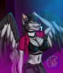  air_(airking) anthro black_hair canid canine canis choker clothing darkdukewolf feathers fishnet fishnet_topwear fur green_eyes grey_body grey_fur gynomorph hair intersex jacket jewelry long_hair looking_at_viewer mammal multicolored_body multicolored_fur necklace neon_lights solo topwear two_tone_body two_tone_fur watermark wings wolf 