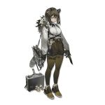  1girl animal_ears arknights azling bangs black_gloves black_hair black_shorts briefcase brown_footwear full_body gloves holding holding_knife holding_weapon knife leggings long_hair long_sleeves looking_at_viewer official_art raccoon_ears raccoon_tail robin_(arknights) shirt shoes shorts solo standing tail transparent_background weapon white_shirt yellow_eyes 