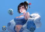  1girl absurdres bangs black_hair blue_gloves blue_sky blue_sports_bra breasts brown_eyes coat copyright_name drone ezi fur_collar gloves hair_bun hair_ornament hair_stick highres hot large_breasts lips mei_(overwatch) midriff navel open_mouth overwatch parka short_hair sky snowball_(overwatch) solo_focus sports_bra sweat swept_bangs undressing updo upper_body upper_teeth winter_clothes winter_coat 
